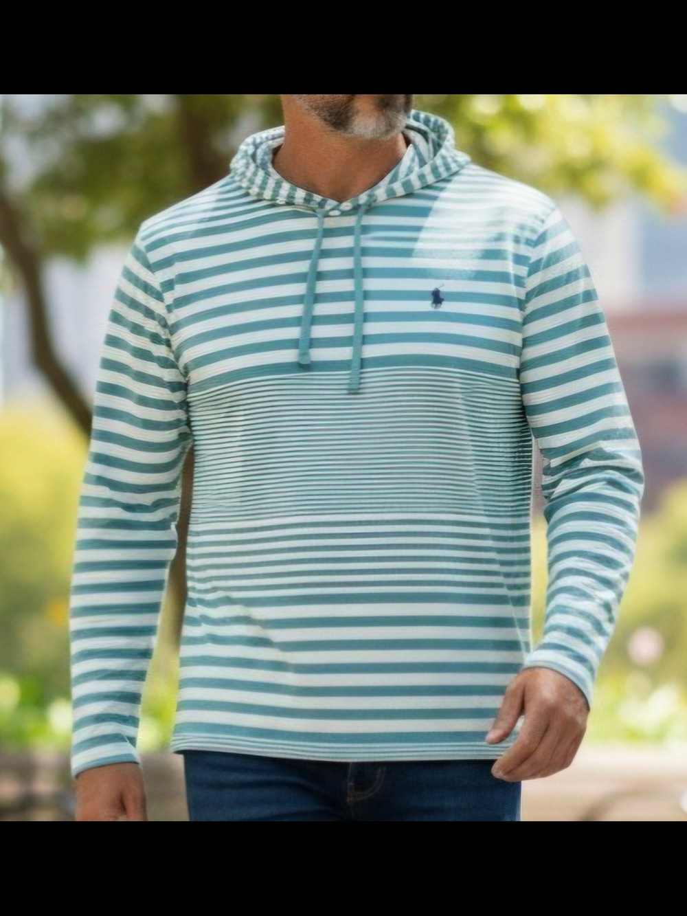 Polo Ralph Lauren Men's M Broken Artist Stripe Hooded T-Shirt Teal White Pony